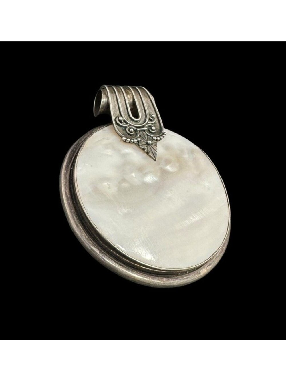 Sterling Silver Mother Of Pearl Huge Modernist Pendant Abstract Vintage MCM